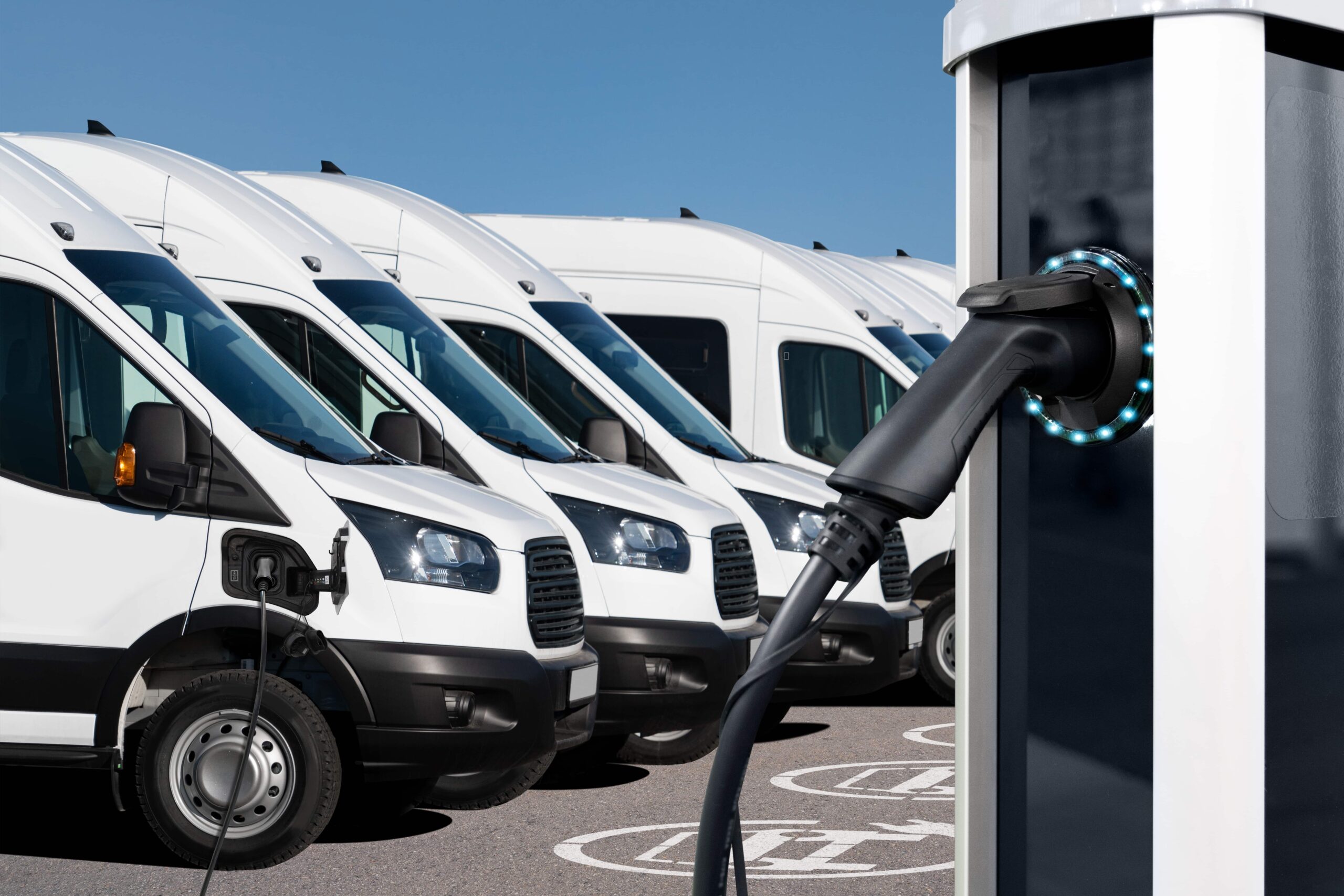 Electric vehicle charging station with a charging cable connected, in front of multiple white vans parked in a row.
